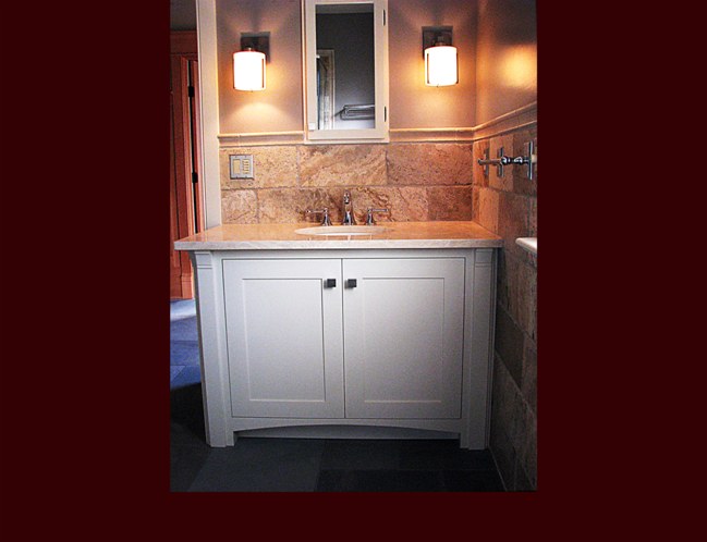 Painted Bath Vanity. Flat Panel Inset door style with mirror-framed medicine cabinet.