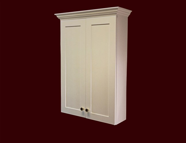 White Painted Bath Cabinet. Flat Panel Full Overlay door style. 8 inches deep with adjustable shelves.